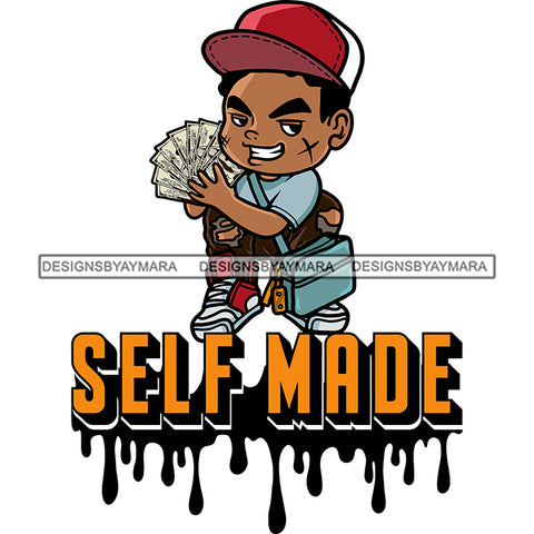 Self Made Quote Scarface Gangster African American Boy Sitting Pose Color Dripping Hand Holding Money Note Smile Face Boy Wearing Cap Money Bag On Side Design Element SVG JPG PNG Vector Clipart Cricut Silhouette Cut Cutting