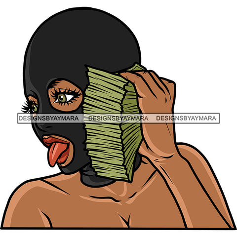 Gangster African American Woman Hand Holding Money Note Wearing Ski Mask Vector Woman Tongue Out Of Mouth Design Element White Background Sexy Pose SVG JPG PNG Vector Clipart Cricut Silhouette Cut Cutting