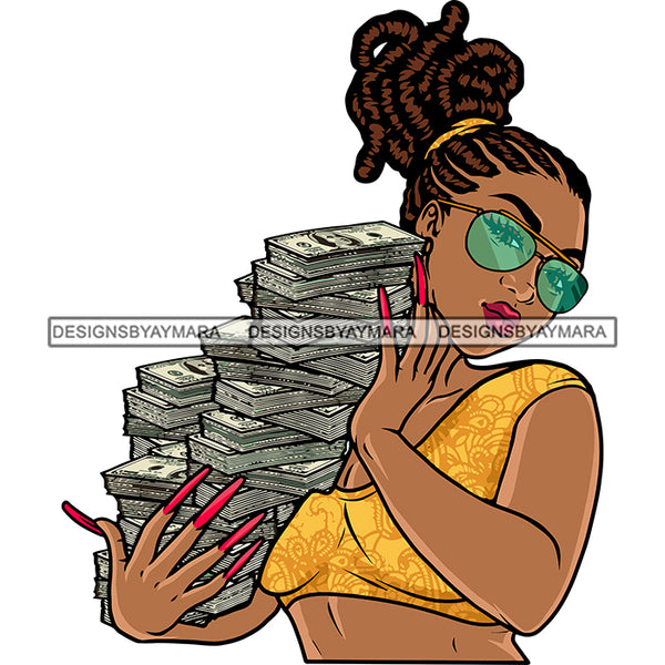 African American Sexy Woman Hand Holding Lot Of Money Bundle Woman Wearing Sunglasses Long Nail Sexy Pose Locus Hairstyle SVG JPG PNG Vector Clipart Cricut Silhouette Cut Cutting