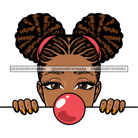 Afro Baby Girls Peeking Pose Bubble Gum On Mouth Peekaboo Princess African American Baby Girls Face Design Element White Background SVG JPG PNG Vector Clipart Cricut Silhouette Cut Cutting
