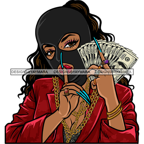 Gangster African American Woman Wearing Gold Chain Holding Money Note Long Nail Vector Design Element Wearing Ski Musk Sexy Woman Long Hairstyle Vector SVG JPG PNG Vector Clipart Cricut Silhouette Cut Cutting