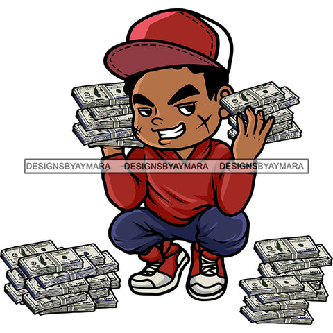 African American Boy Hand Holding Money Bundle Sitting Pose Afro Boy Wearing Cap Scarface Design Element Lot Of Money Bundle On Floor White Background SVG JPG PNG Vector Clipart Cricut Silhouette Cut Cutting