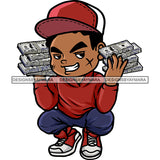 African American Boy Hand Holding Money Bundle Sitting Pose Afro Boy Wearing Cap Scarface Design Element Lot Of On Hand White Background SVG JPG PNG Vector Clipart Cricut Silhouette Cut Cutting