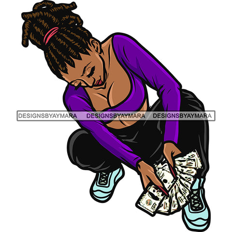 Gangster African American Sexy Woman Holding Money Afro Woman Sitting On Floor Vector Design Element Locus Hairstyle SVG JPG PNG Vector Clipart Cricut Silhouette Cut Cutting