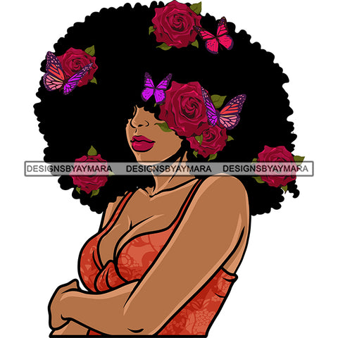 Afro Sexy Woman Puffy Hairstyle Lot Of Roses On Head Wearing Sexy Dress African American Woman Side Face Design Element SVG JPG PNG Vector Clipart Cricut Silhouette Cut Cutting