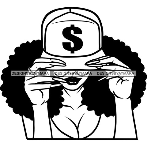 Gangster African American Woman Holding Cap Dollar Sign On Cap Curly Hairstyle Design Element Black And White Artwork SVG JPG PNG Vector Clipart Cricut Silhouette Cut Cutting