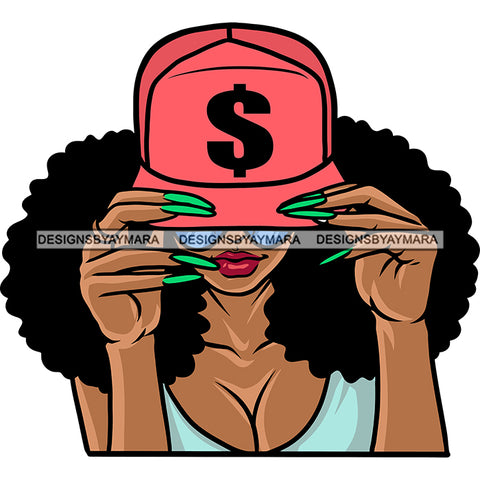 Gangster African American Woman Holding Cap Dollar Sign On Cap Long Nail Curly Hairstyle Design Element Artwork SVG JPG PNG Vector Clipart Cricut Silhouette Cut Cutting