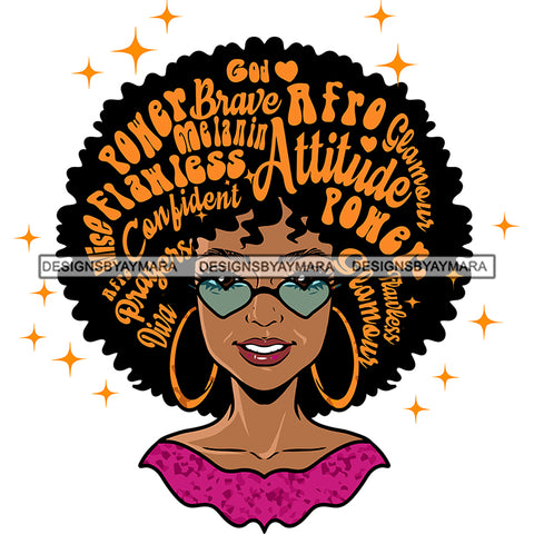 Afro Woman Wearing Heart Design Sunglasses Puffy Hairstyle Lot Of Quote On Hair African American Woman Wearing Hoop Earing Vector Design Element SVG JPG PNG Vector Clipart Cricut Silhouette Cut Cutting