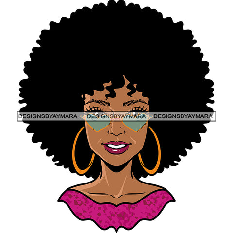 Afro Woman Wearing Heart Design Sunglasses Puffy Hairstyle Smile Face White Teeth African American Woman Wearing Hoop Earing Vector Design Element SVG JPG PNG Vector Clipart Cricut Silhouette Cut Cutting