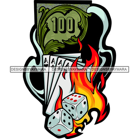 Poker Cards Chips Casino Gambling Design Element 100 Dollar Note Color Artwork White Background SVG JPG PNG Vector Clipart Cricut Silhouette Cut Cutting
