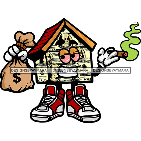 Money House Cartoon Character Holding Money Bag And Cigarette Design Element Smile Face Vector SVG JPG PNG Vector Clipart Cricut Silhouette Cut Cutting