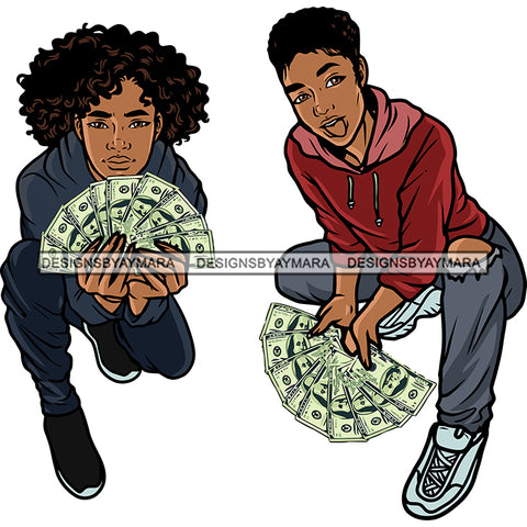 Gangster African American Woman Showing Dollar Note Curly Hairstyle Design Element Afro Woman Sitting Pose Tongue Out Of Mouth Vector SVG JPG PNG Vector Clipart Cricut Silhouette Cut Cutting