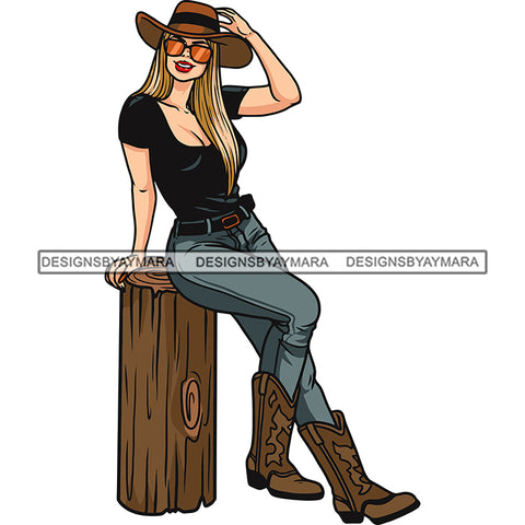 African American Sexy Woman Sitting On Wood Wearing Cowboy Hat And Sunglass Design Element Smile Face White Background SVG JPG PNG Vector Clipart Cricut Silhouette Cut Cutting