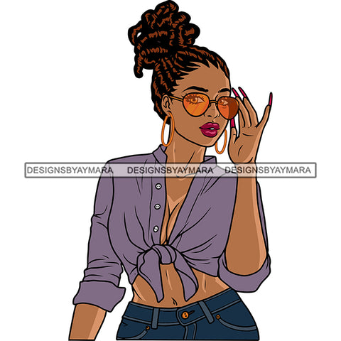 Gangster African American Lady Hand Holding Sunglasses Woman Sexy Pose Locus Hairstyle Wearing Hoop Earing Design Element White Background SVG JPG PNG Vector Clipart Cricut Silhouette Cut Cutting