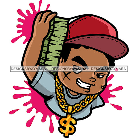 Scarface Hip Hop Holding Lot Of Money Bundle Design Element African American Boy Smile Face Wearing Cap Dollar Chain Color Dripping SVG JPG PNG Vector Clipart Cricut Silhouette Cut Cutting