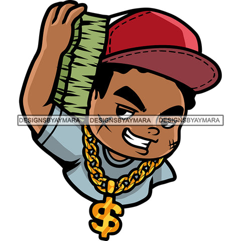 Scarface Hip Hop Holding Lot Of Money Bundle Design Element African American Boy Smile Face Wearing Cap Dollar Chain SVG JPG PNG Vector Clipart Cricut Silhouette Cut Cutting
