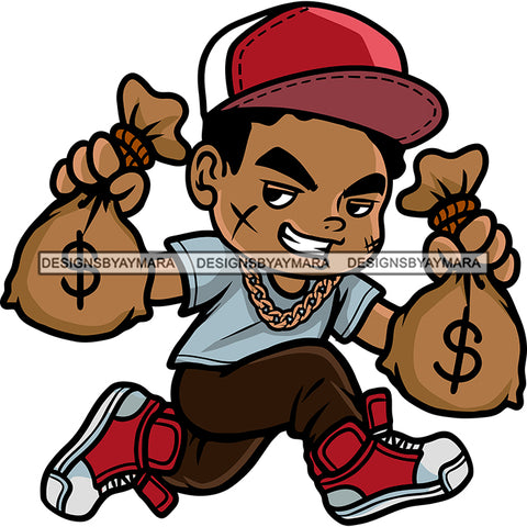 African American Boy Holding Money Bag Scarface Boy Running Smile Face Boys Thief Wearing Cap Design Element SVG JPG PNG Vector Clipart Cricut Silhouette Cut Cutting