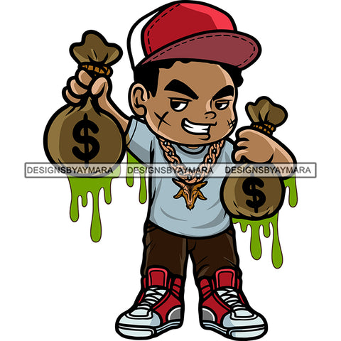 Gangster Boys Holding Money Bag Color Dripping Wearing Cap And Gold Chain Scarface Boys Smile Face Design Element SVG JPG PNG Vector Clipart Cricut Silhouette Cut Cutting