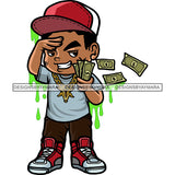 African American Boy Holding Money Note Dripping Hip Hop Boys Wearing Cap And Gold Chain Scarface Boy Smile Design Element SVG JPG PNG Vector Clipart Cricut Silhouette Cut Cutting
