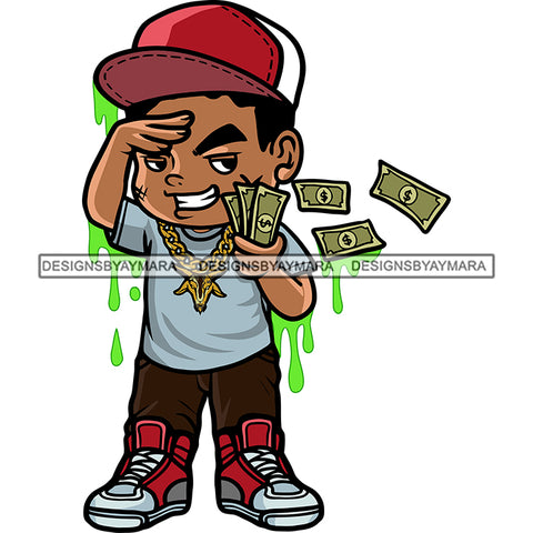 African American Boy Holding Money Note Dripping Hip Hop Boys Wearing Cap And Gold Chain Scarface Boy Smile Design Element SVG JPG PNG Vector Clipart Cricut Silhouette Cut Cutting