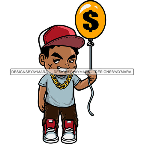 African American Boy Holding Dollar Sign Balloon Scarface Smile Boys Wearing Cap Design Element White Background SVG JPG PNG Vector Clipart Cricut Silhouette Cut Cutting