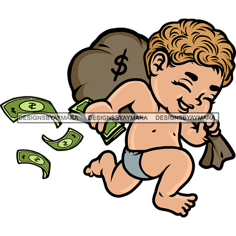 Cute African American Boy Holding Money Bag And Running Money Dripping Smile Face Boys Golden Color Hair Design Element White Background SVG JPG PNG Vector Clipart Cricut Silhouette Cut Cutting