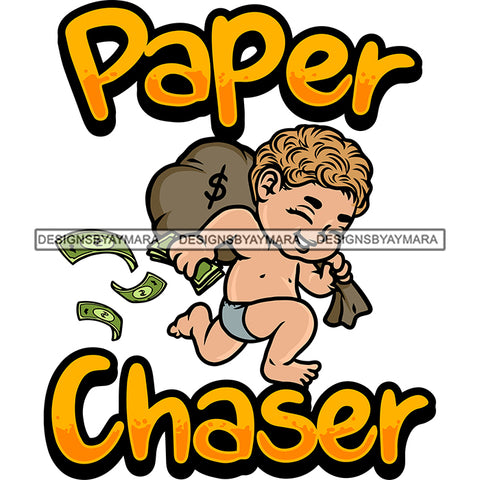 Paper Chaser Quote Cute African American Boy Holding Money Bag And Running Money Dripping Smile Face Boys Golden Color Hair Design Element White Background SVG JPG PNG Vector Clipart Cricut Silhouette Cut Cutting