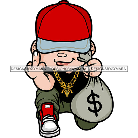 Smile Face Gangster Boy Holding Money Bag Wearing Cap Showing Middle Finger Vector Design Element White Background SVG JPG PNG Vector Clipart Cricut Silhouette Cut Cutting