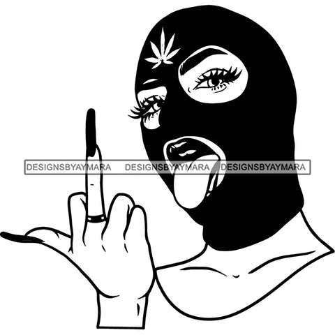 Gangster African American Sexy Woman Showing Middle Finger And Wearing Ski Musk Afro Woman Open Mouth Design Element SVG JPG PNG Vector Clipart Black And White Silhouette Cut Cutting