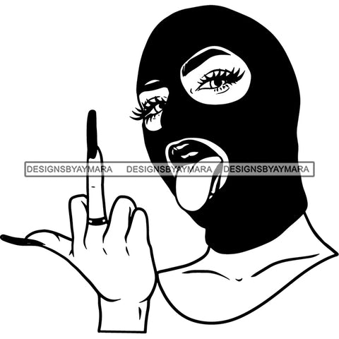 Black And White Gangster African American Sexy Woman Showing Middle Finger And Wearing Ski Musk Afro Woman Open Mouth Design Element SVG JPG PNG Vector Clipart Silhouette Cut Cutting