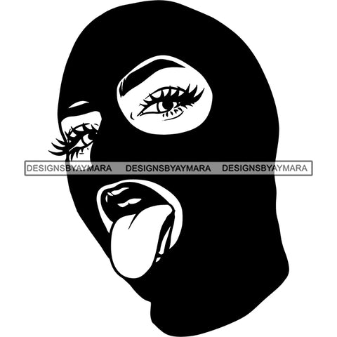 Gangster African American Woman Wearing Ski Mask Open Mouth Design Element Black And White Design Element Tongue Out Of Mouth Vector SVG JPG PNG Vector Clipart Cricut Silhouette Cut Cutting