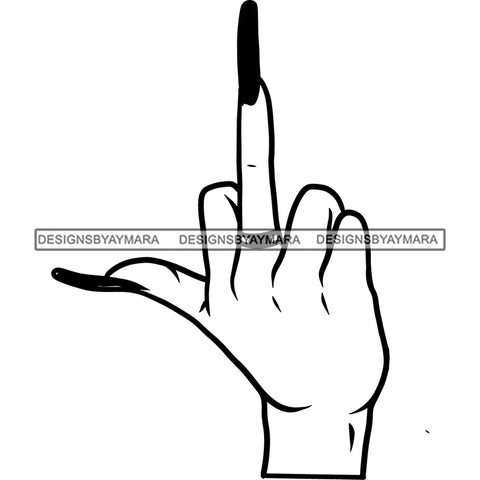 Black And White Woman Hand Showing Middle Finger Design Element Long Nail Vector BW SVG JPG PNG Vector Clipart Cricut Silhouette Cut Cutting