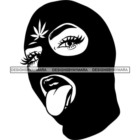 Gangster African American Woman Wearing Ski Mask Marijuana Leaf Open Mouth Design Element Black And White Design Element Tongue Out Of Mouth Vector SVG JPG PNG Vector Clipart Cricut Silhouette Cut Cutting