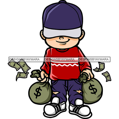 Hip Hop Cartoon Character Boy Holding Money Bag African American Boy Wearing Cap Money Dripping Vector Design Element SVG JPG PNG Vector Clipart Cricut Silhouette Cut Cutting