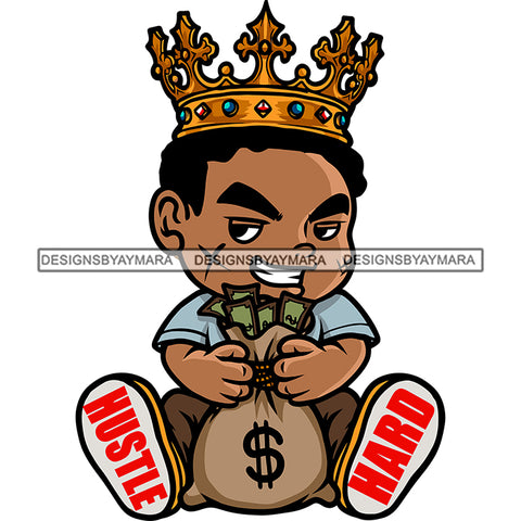 African American Scarface Boy Smile Face Crown On Head Afro Holding Money Bag Design Element Sitting On Floor SVG JPG PNG Vector Clipart Cricut Silhouette Cut Cutting