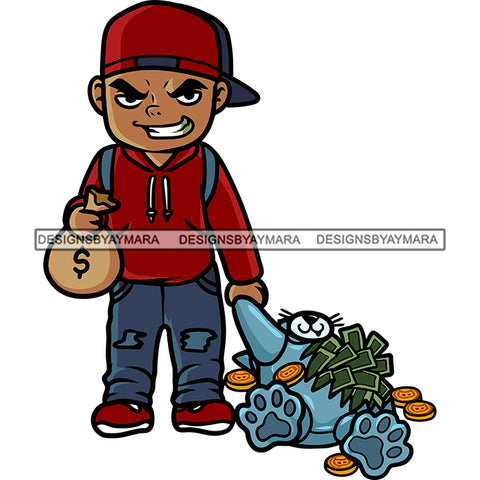 Gangster Boy Holding Money Bag And Teddy African American Boy Smile Face Wearing Cap Boy Standing Design Element SVG JPG PNG Vector Clipart Cricut Silhouette Cut Cutting