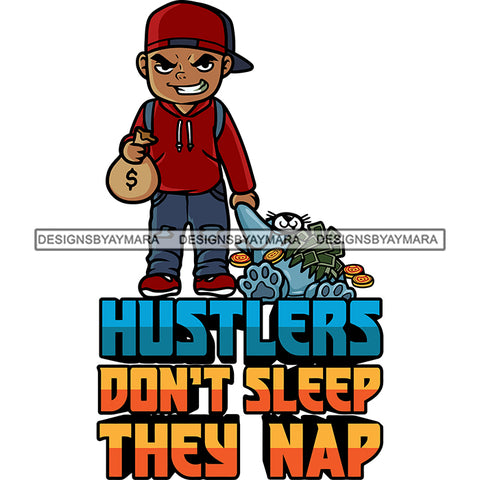 Hustlers Don't Sleep They Nap Gangster Boy Holding Money Bag And Teddy African American Boy Smile Face Wearing Cap Boy Standing Design Element SVG JPG PNG Vector Clipart Cricut Silhouette Cut Cutting