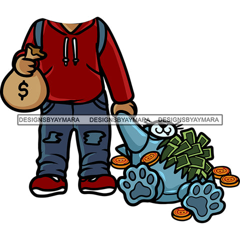 Hidden Face And Head Gangster Boy Holding Money Bag And Teddy African American Boy Standing Design Element White Background SVG JPG PNG Vector Clipart Cricut Silhouette Cut Cutting