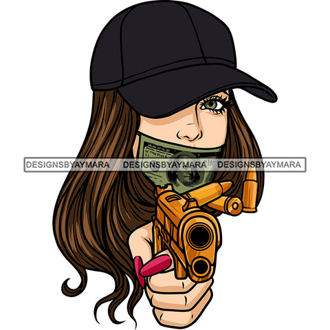 Gangster African American Woman Holding Gun Wearing Cap Long Nail And Hair Money Face Mask Vector Design Element White Background SVG JPG PNG Vector Clipart Cricut Silhouette Cut Cutting