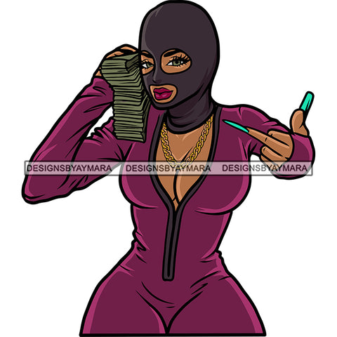 African American Sexy Woman Holding Money Bundle Wearing Face Mask Showing Middle Finger Long Nail Vector White Background SVG JPG PNG Vector Clipart Cricut Silhouette Cut Cutting