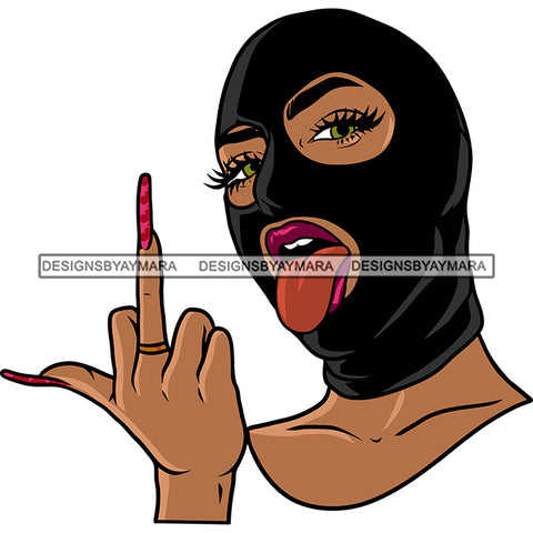 Gangster African American Woman Showing Middle Finger Tongue Out Of Mouth Wearing Face Mask Vector Swag Hand Sign SVG JPG PNG Vector Clipart Cricut Silhouette Cut Cutting