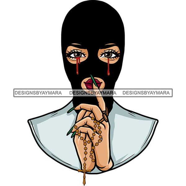 African American Woman Showing Silent Pose Wearing Face Mask Long Nail Blood Dripping On Eyes Smile Face Holding Chain Vector Design Element SVG JPG PNG Vector Clipart Silhouette Cut Cutting