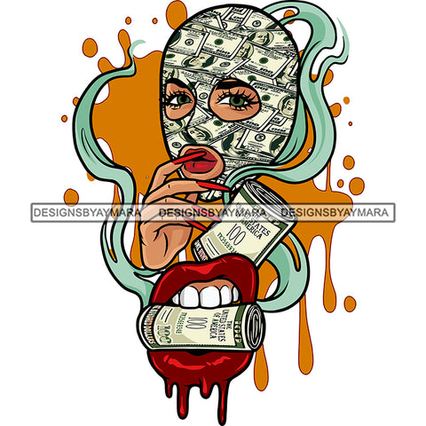 Money Roll On Mouth African American Woman Money Note Face Design Element Color Dripping Vector White Background Afro Woman Long Nail SVG JPG PNG Vector Clipart Cricut Silhouette Cut Cutting