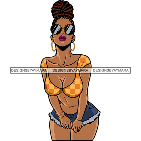 Gangster African American Sexy Woman Wearing Sunglasses And Hoop Earing Standing Afro Woman Sexy Pose Design Element White Background SVG JPG PNG Vector Clipart Cricut Silhouette Cut Cutting