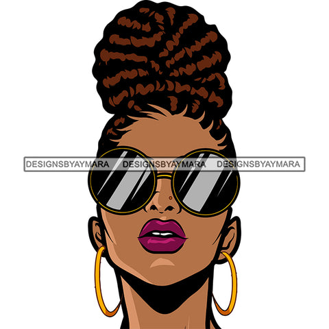 Afro Woman Head Design Element Locus Hairstyle African American Woman Wearing Sunglasses And Hoop Earing Vector White Background SVG JPG PNG Vector Clipart Cricut Silhouette Cut Cutting