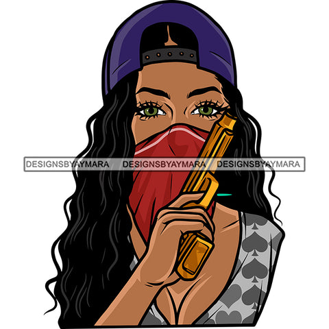 Gangster African American Sexy Woman Hand Holding Gun White Background Wearing Face Mask And Cap Afro Woman Long Hairstyle Vector Design Element SVG JPG PNG Vector Clipart Cricut Silhouette Cut Cutting