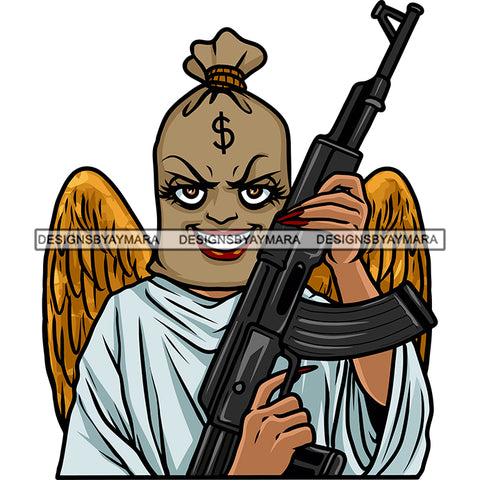 Gangster African American Woman Money Bag Head Design Element Hand Holding Gun AK47 Angle Wings Afro Woman Smile Face Vector SVG JPG PNG Vector Clipart Cricut Silhouette Cut Cutting