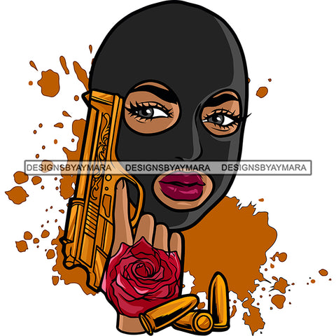 Gangster Woman Hand Holding Gun Golden Color Gun And Bullet Red Rose Color Dripping Vector Design Element African American Woman Wearing Face Musk White Background Vector SVG JPG PNG Vector Clipart Cricut Silhouette Cut Cutting