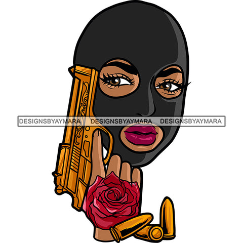 Gangster Woman Hand Holding Gun Golden Color Gun And Bullet Red Rose Vector Design Element African American Woman Wearing Face Musk White Background Vector SVG JPG PNG Vector Clipart Silhouette Cut Cutting