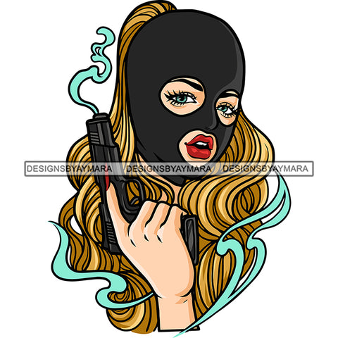 Gangster African American Woman Hand Holding Gun Long Nail Golden Color Long Hairstyle White Background Afro Woman Smile Face Wearing Face Mask Color Dripping Vector Design Element SVG JPG PNG Vector Clipart Cricut Silhouette Cut Cutting